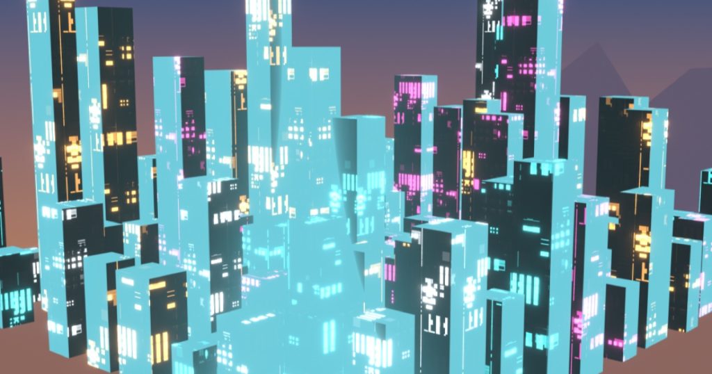 A glowing neon anime-style night city skyline built with the Sprawl Blender add-on