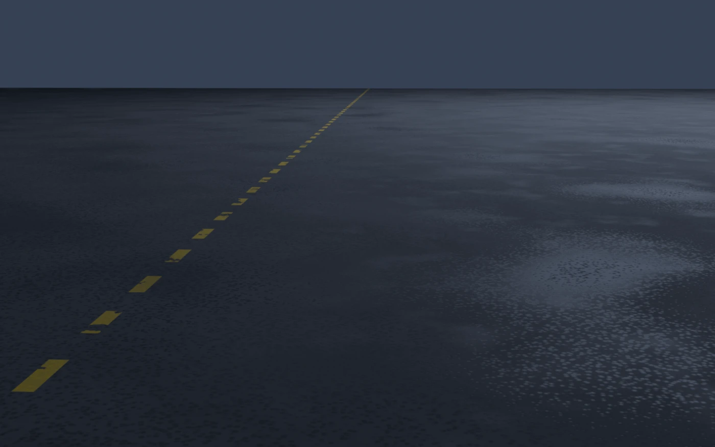 A wet night road in SF Ground asphalt with a worn yellow centre line, rendered in Blender