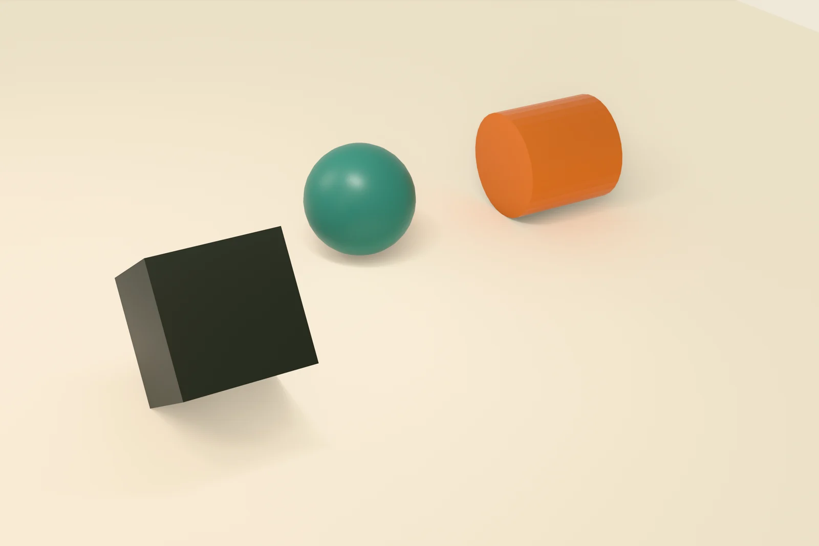 Three shapes — a cube, a sphere, and a cylinder — mid-roll on a soft cream sweep, a Tumbol render